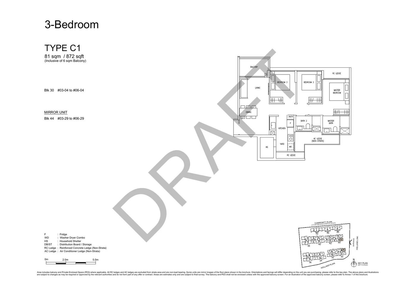 Official C1 3-Bedroom floor plan with original dimensions and cautions