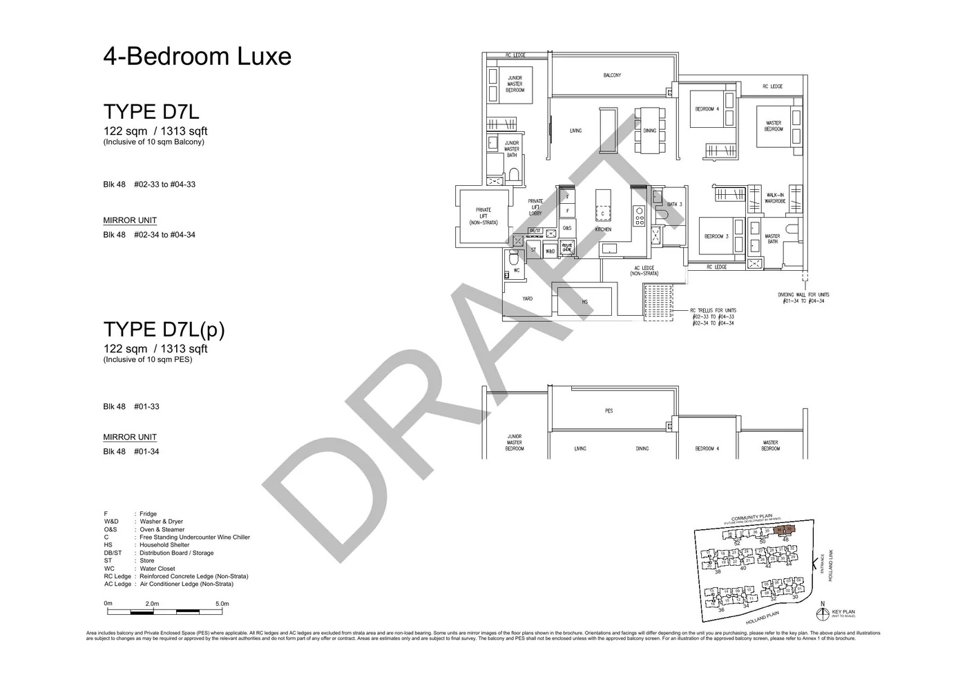 Official D7L 4-Bedroom Luxe floor plan with original dimensions and cautions