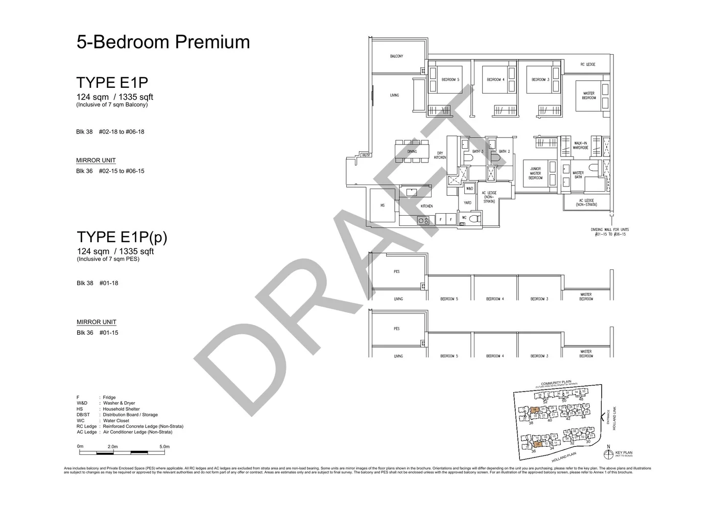 Official E1P 5-Bedroom Premium floor plan with original dimensions and cautions