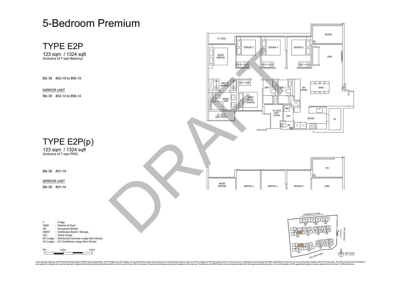 Official E2P 5-Bedroom Premium floor plan with original dimensions and cautions