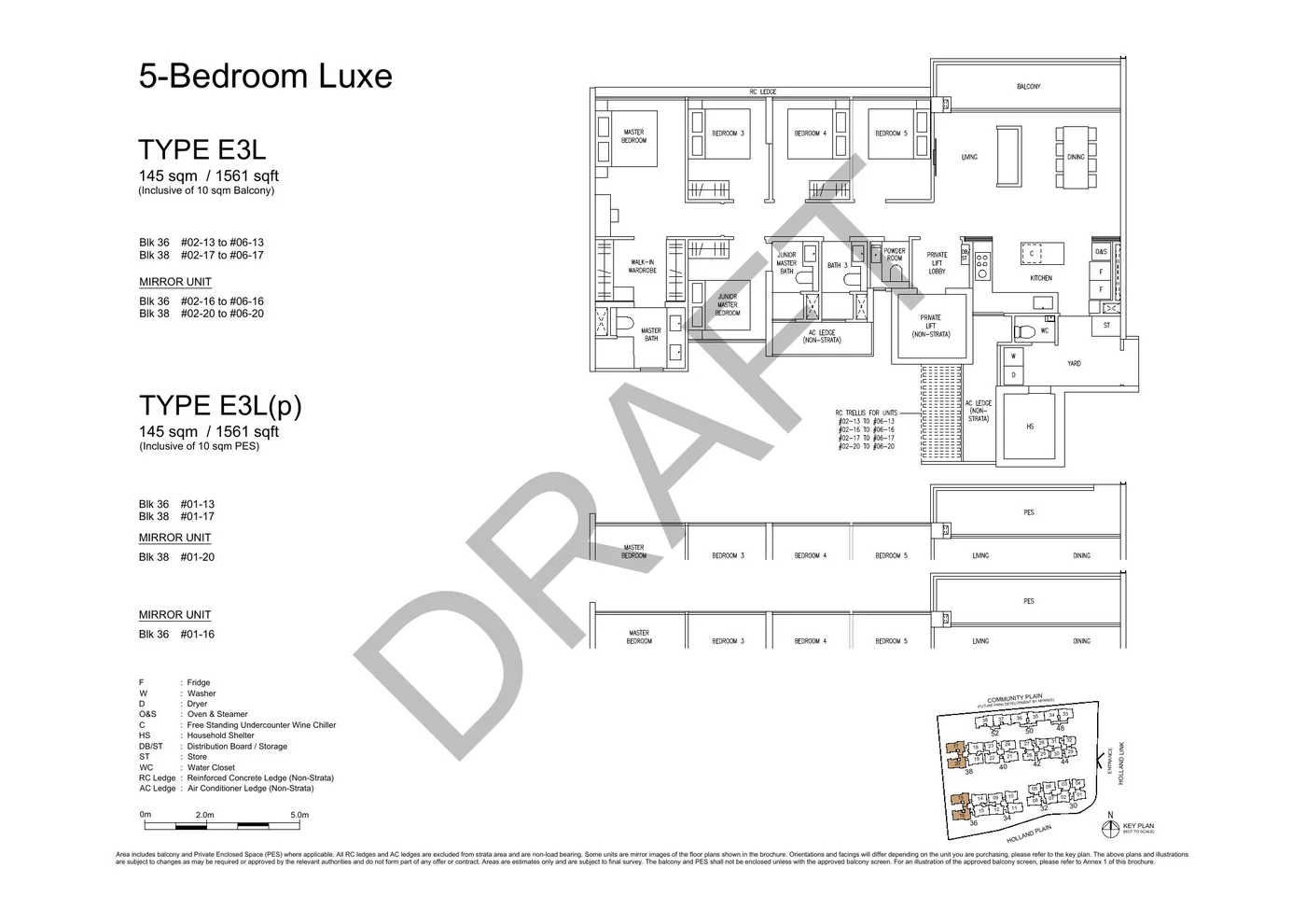 Official E3L 5-Bedroom Luxe floor plan with original dimensions and cautions