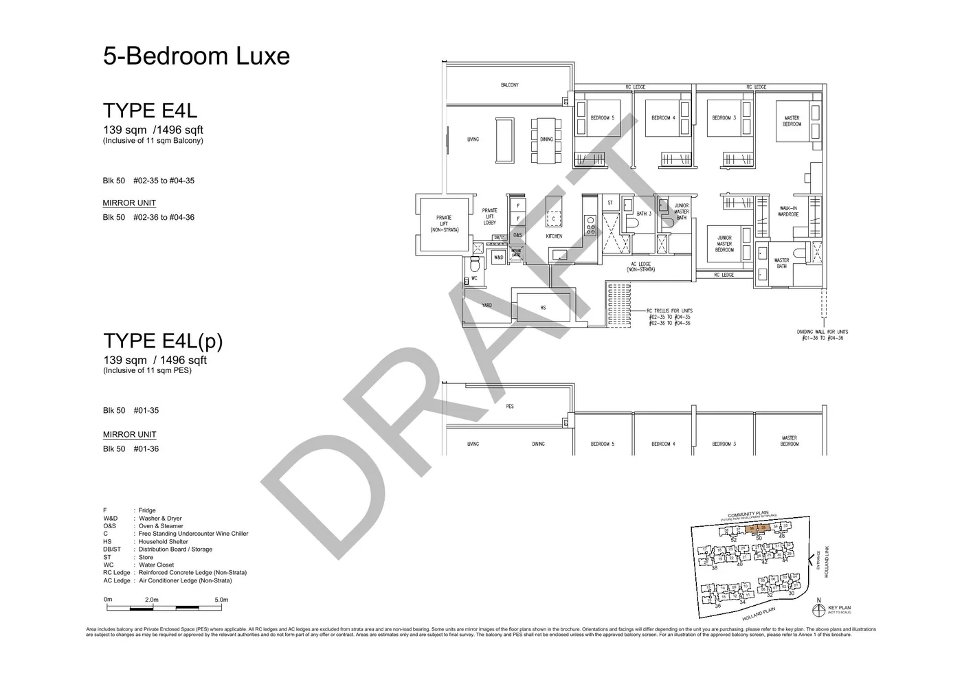 Official E4L 5-Bedroom Luxe floor plan with original dimensions and cautions