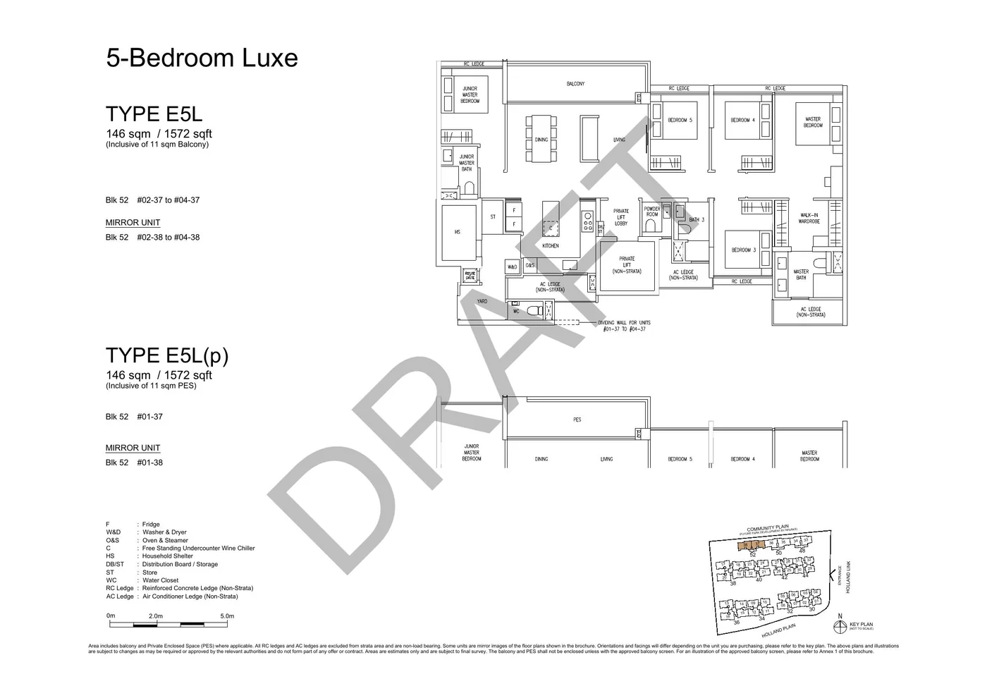 Official E5L 5-Bedroom Luxe floor plan with original dimensions and cautions