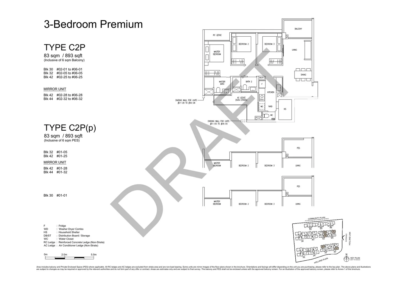 Official C2P 3-Bedroom Premium floor plan with original dimensions and cautions