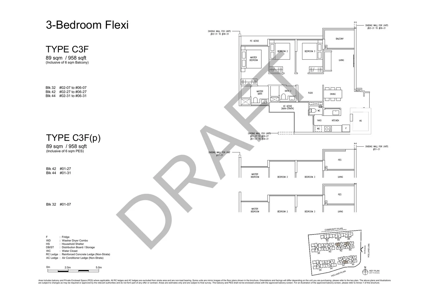 Official C3F 3-Bedroom Flexi floor plan with original dimensions and cautions