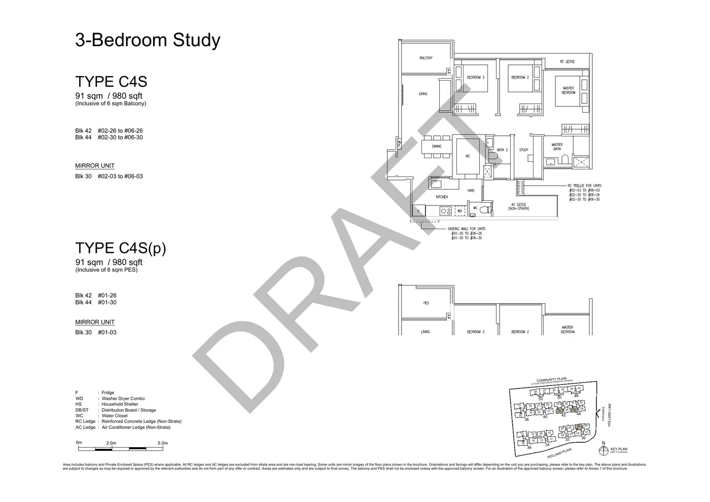 Official C4S 3-Bedroom + Study floor plan with original dimensions and cautions