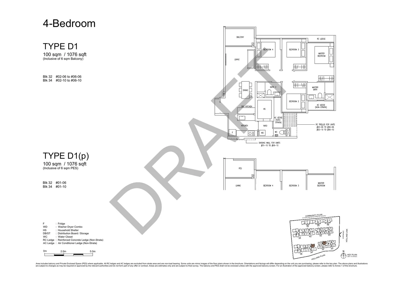 Official D1 4-Bedroom floor plan with original dimensions and cautions