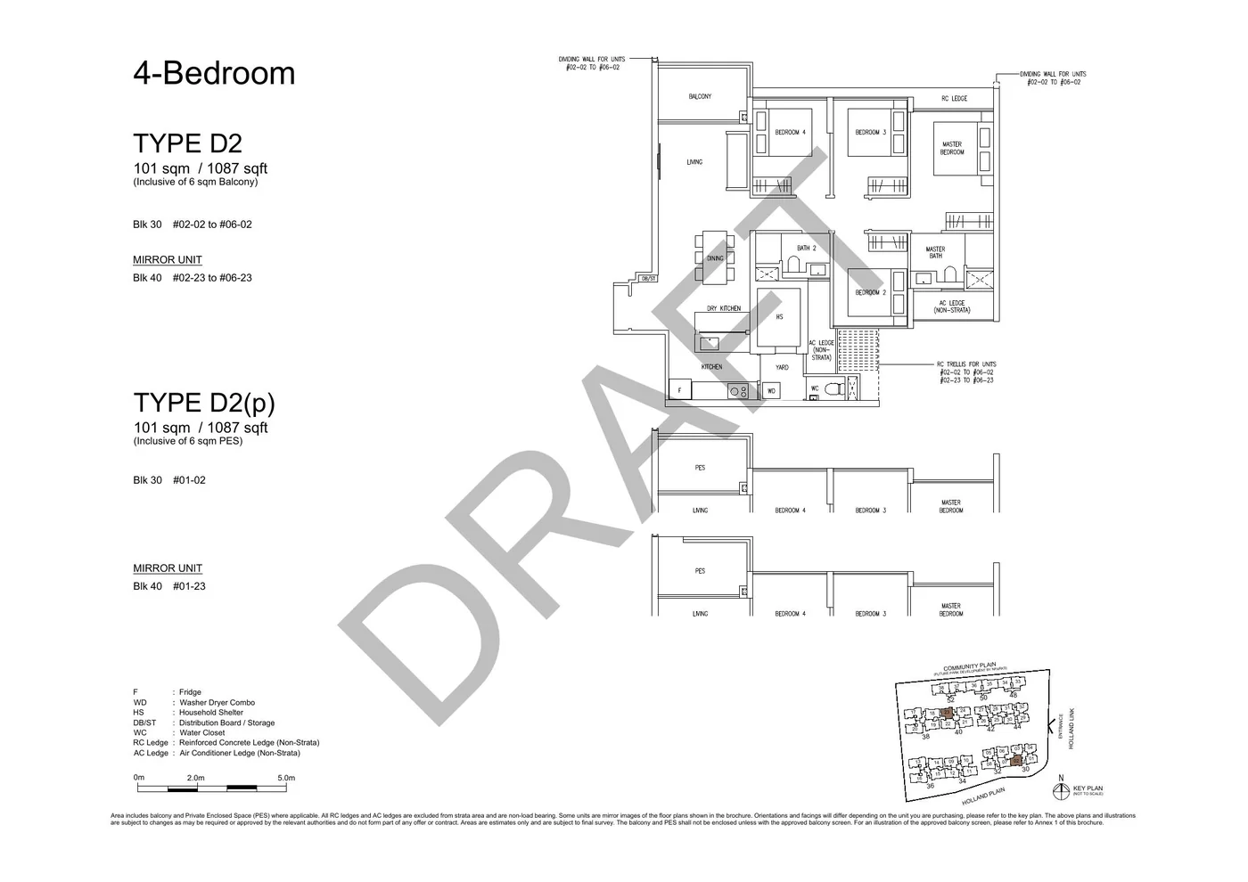 Official D2 4-Bedroom floor plan with original dimensions and cautions