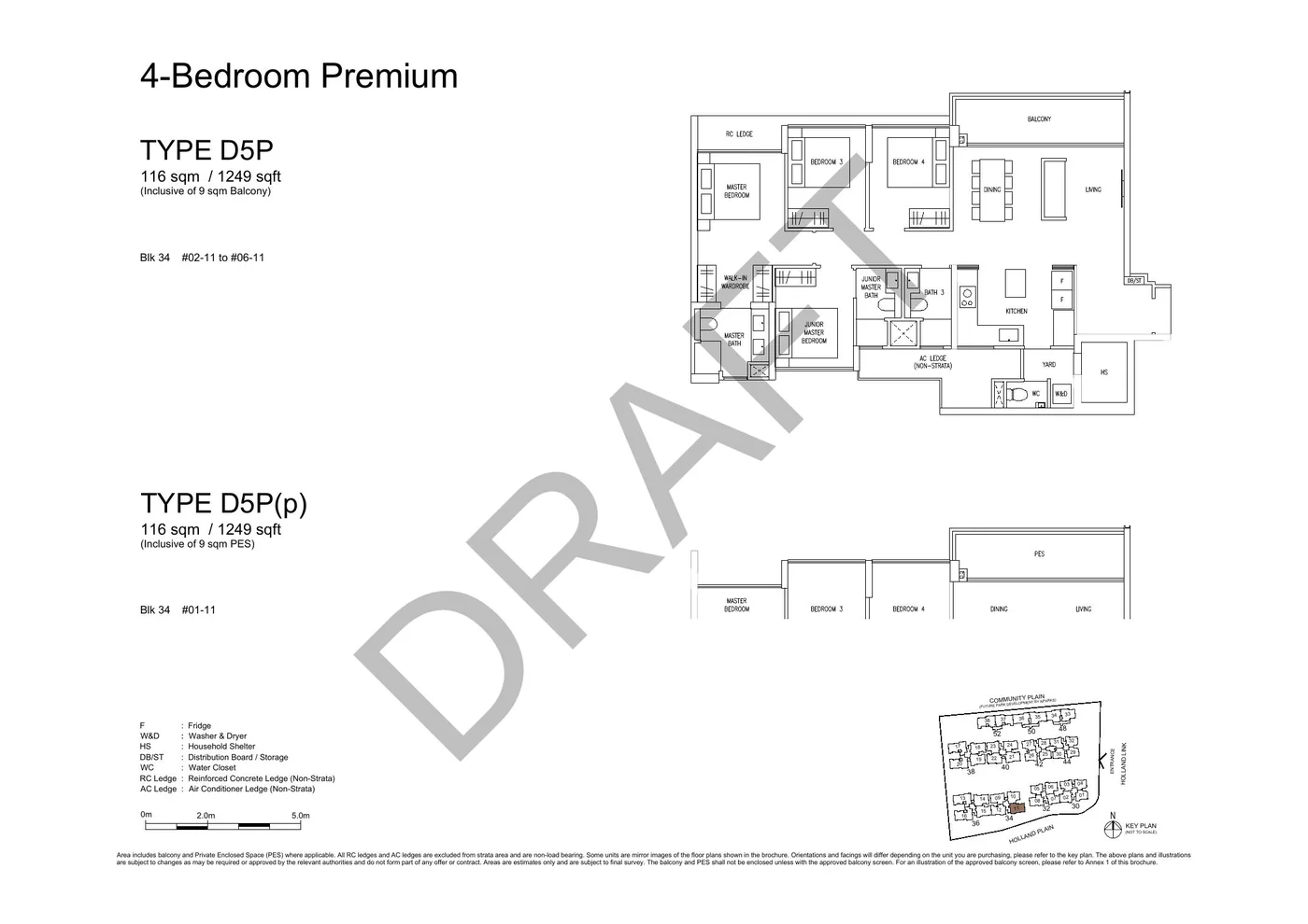 Official D5P 4-Bedroom Premium floor plan with original dimensions and cautions