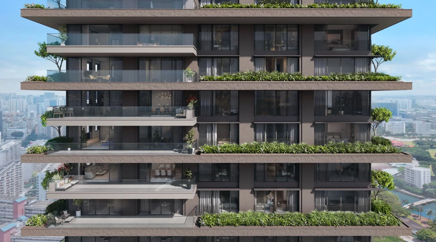 Conserved Golden Mile Complex facade integrated with modern Aurea residential tower
