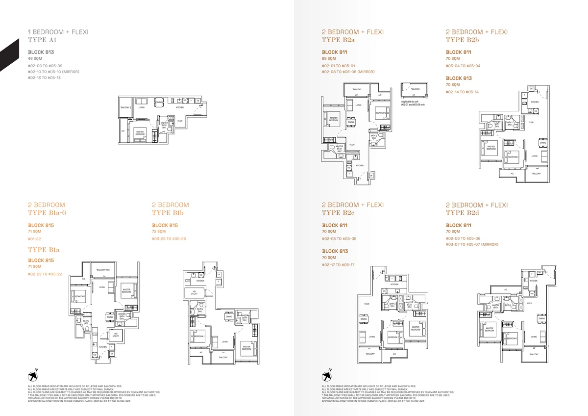 Bagnall Haus Type A1 1-Bedroom + Flexi and Type B1a 2-Bedroom floor plans