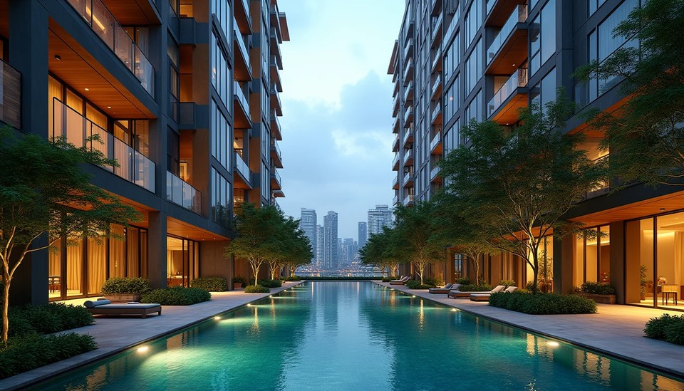Modern luxury Singapore condominium exterior featuring sleek architectural terraces and illuminated pool at dusk