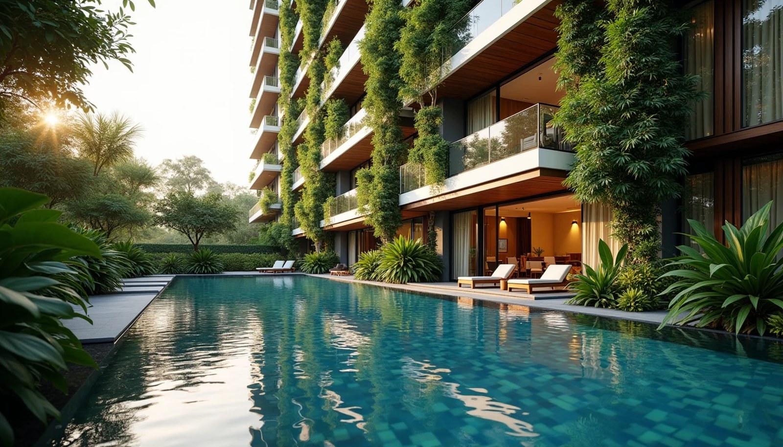 Modern Singapore residential condominium development featuring landscaped pool, tropical gardens, and contemporary architecture