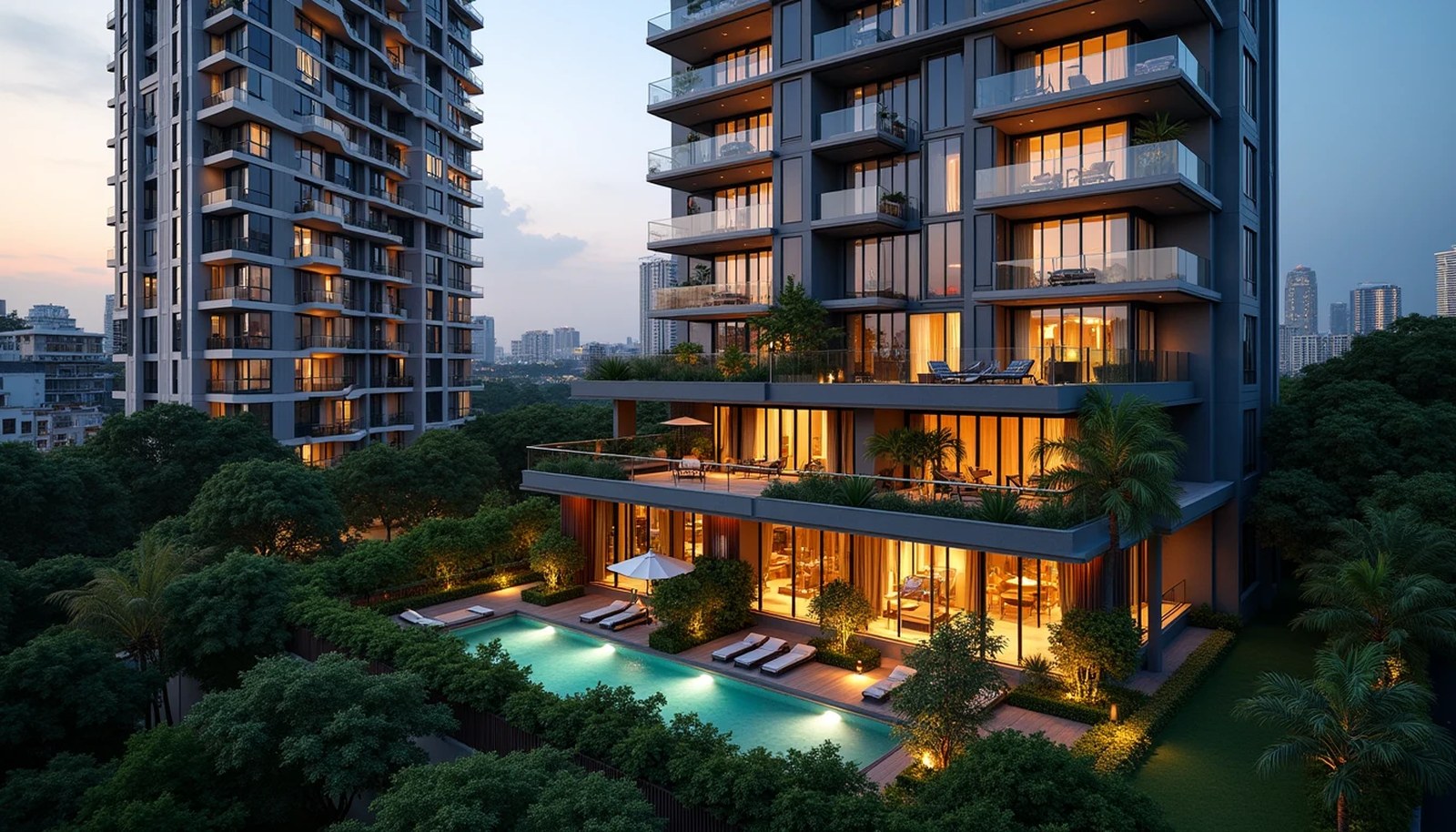 Aerial view of mature Singapore residential estate alongside sleek newly completed high-rise condominium towers