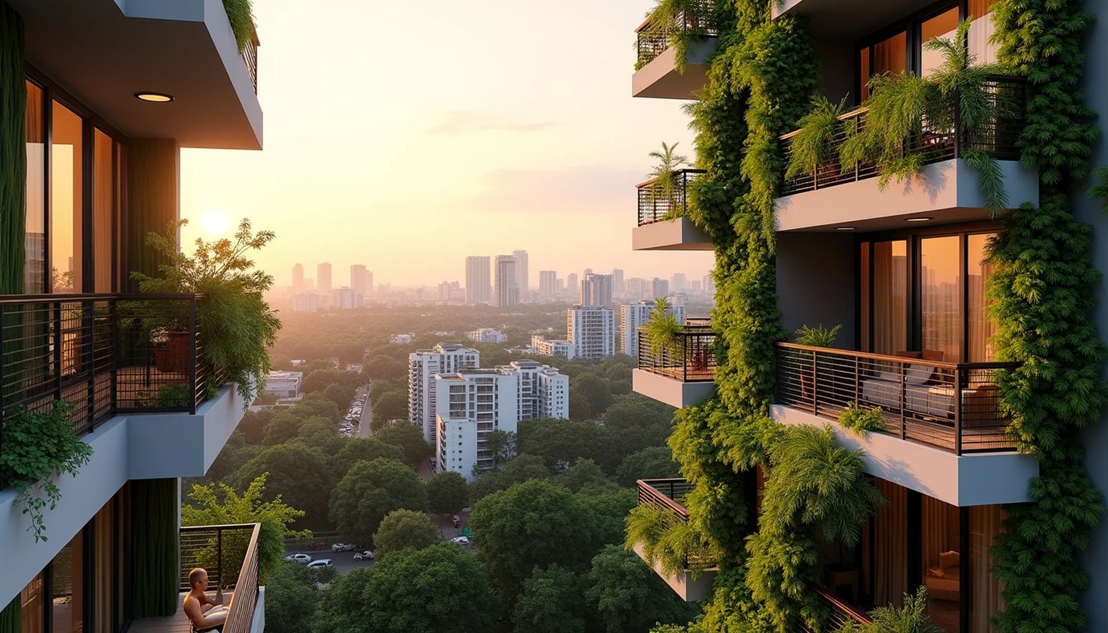 Modern Singapore luxury condominium balcony overlooking lush landscaped gardens and city skyline at golden hour