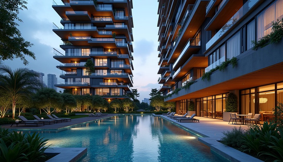 Modern luxury Singapore residential condominium tower with illuminated pool and cantilevered sky terraces at twilight