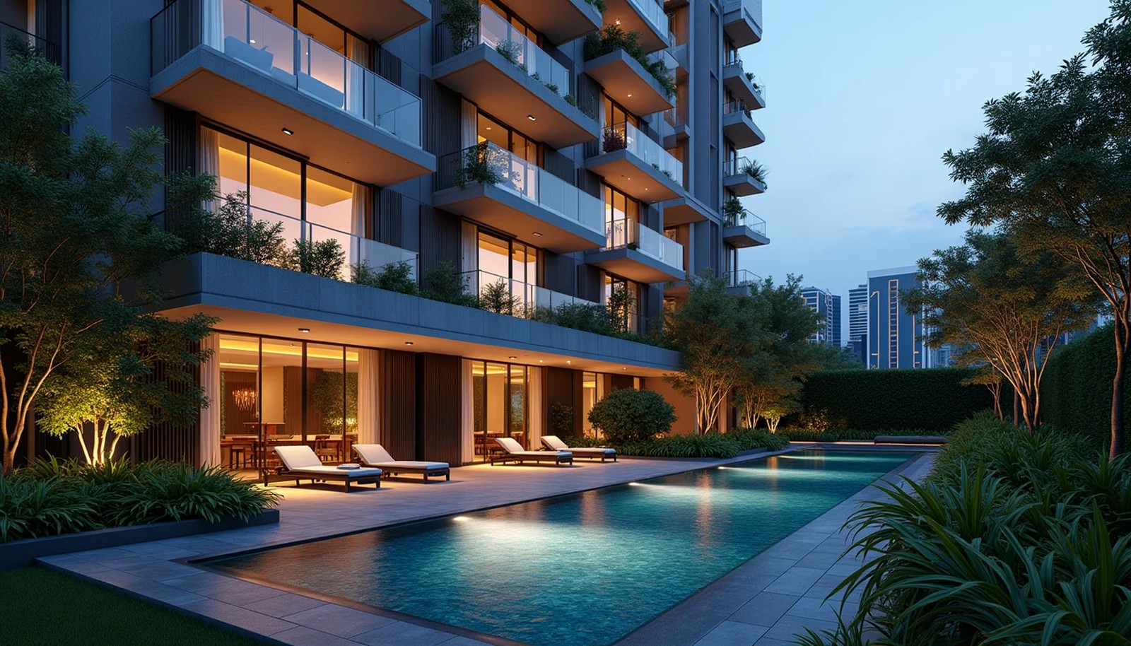 Modern luxury Singapore condominium exterior at twilight with private balconies and reflective pool