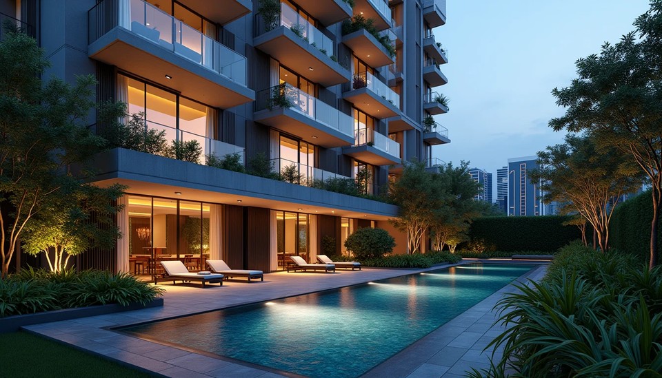 Modern luxury Singapore condominium exterior at twilight with private balconies and reflective pool