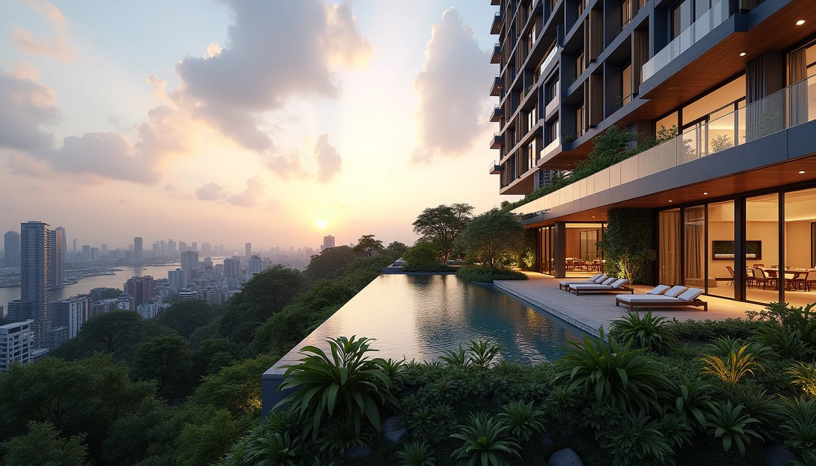 Modern architectural Singapore luxury condominium towers with landscaped pool terrace at twilight