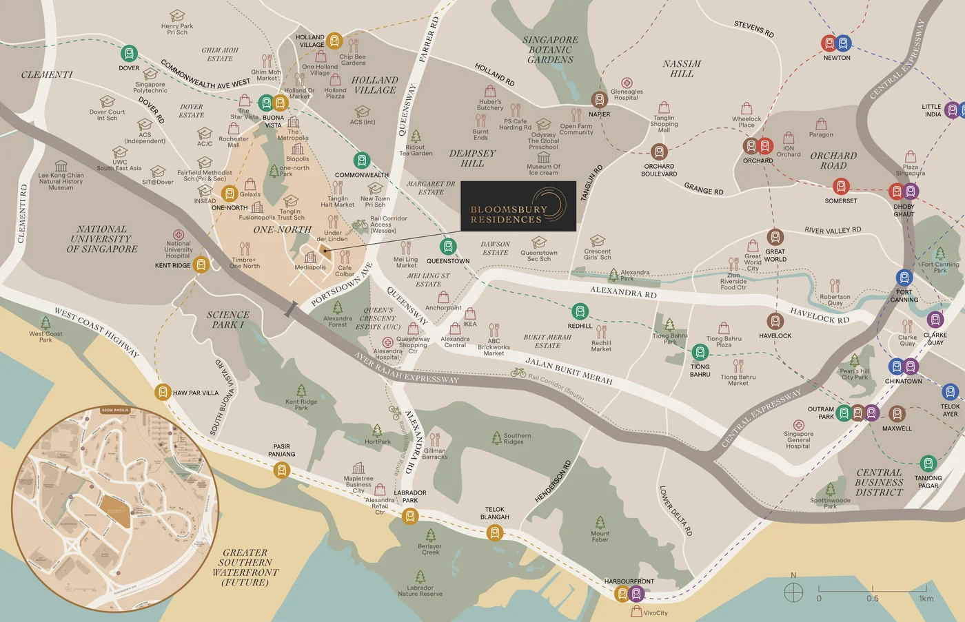 Bloomsbury Residences location map showing Media Circle, One-North and Wessex