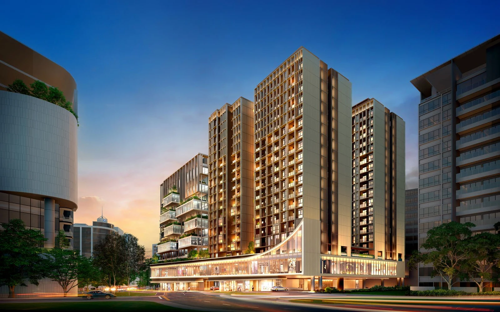 The Collective at One Sophia architectural perspective showing green garden terraces and residential towers at dusk