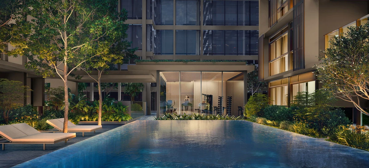 Azure Pool and glass-enclosed gymnasium pavilion at The Collective at One Sophia