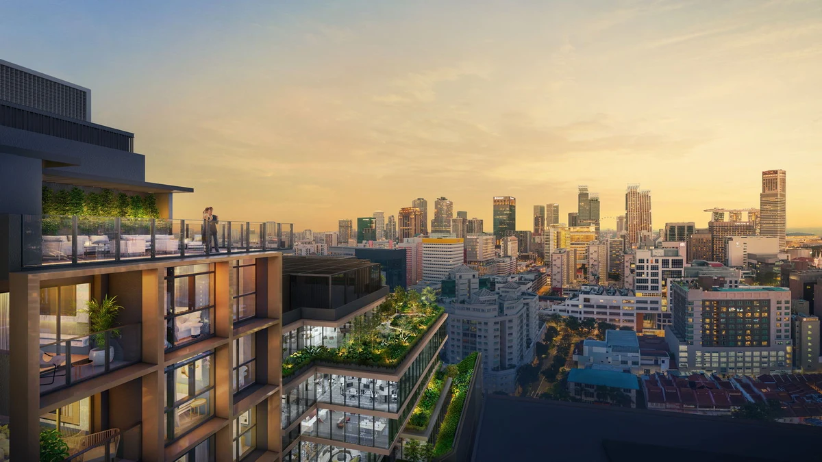 Rooftop Sky Terrace at The Collective at One Sophia overlooking Marina Bay skyline