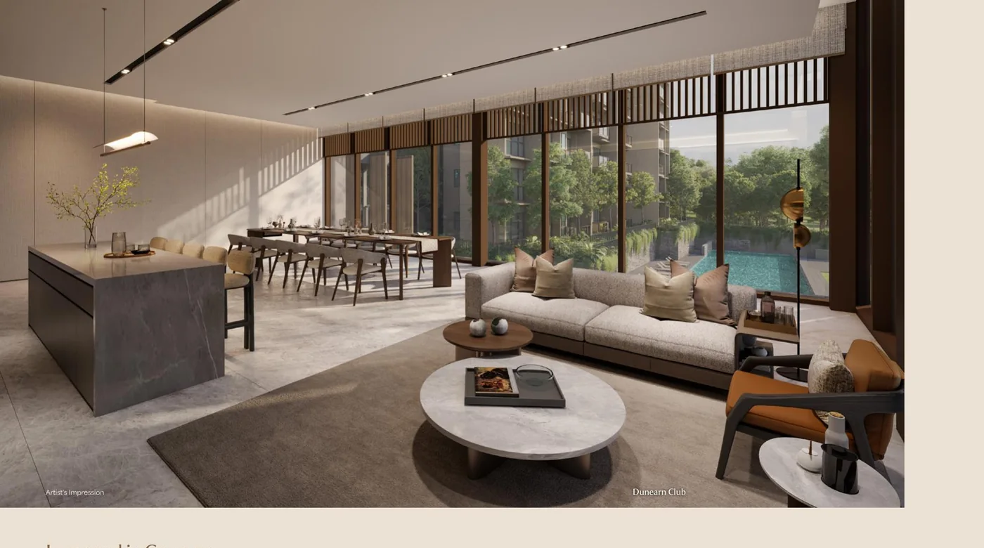 Club interior beside greenery and water in an official Dunearn House rendering