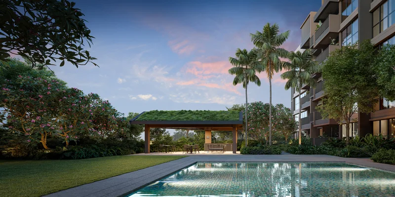 Faber Residence Dining Pavilion with green roof and swimming pool at dusk