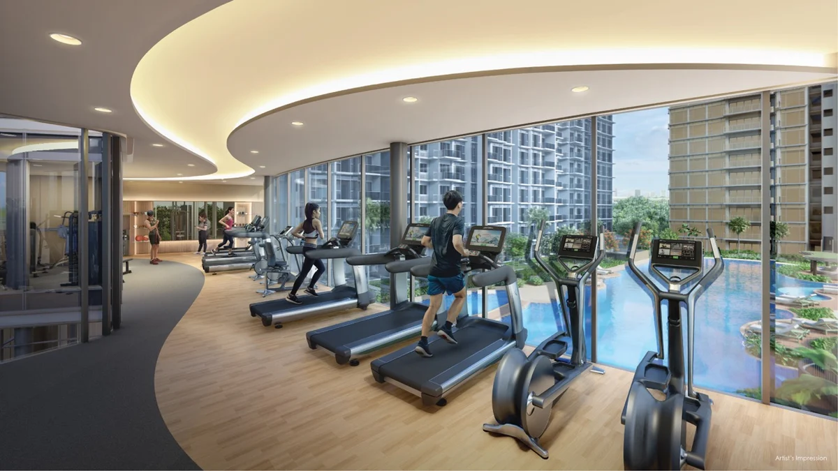 Grand Dunman cantilevered 3rd storey Grand Gym with floor-to-ceiling glass overlooking the swimming pool