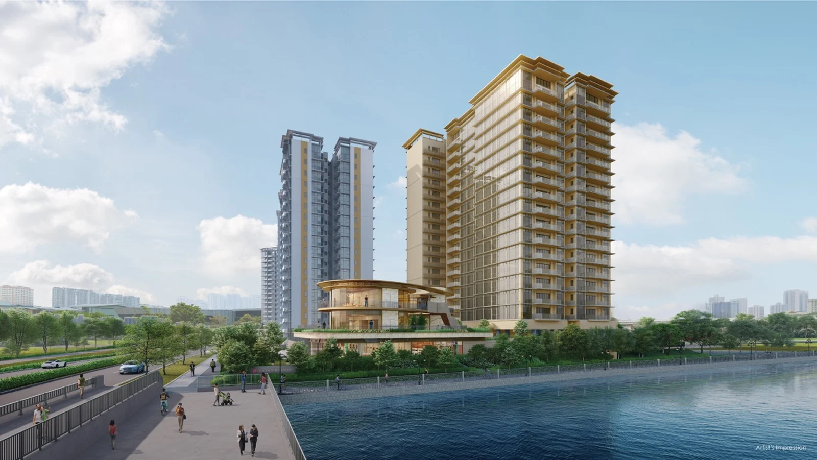 Grand Dunman riverside residential towers and circular clubhouse along Geylang River