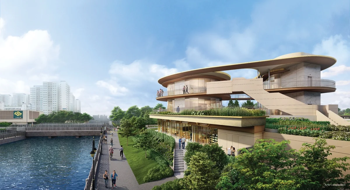 Grand Dunman 3-storey circular glass Jewel Clubhouse featuring retail shops, library and rooftop decks