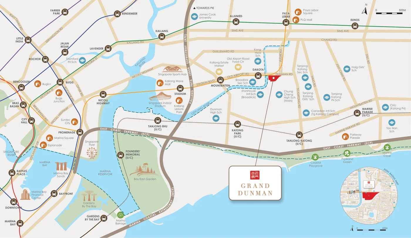 Grand Dunman location map showing Dakota MRT station, Kong Hwa School, Old Airport Road and Marina Bay connectivity