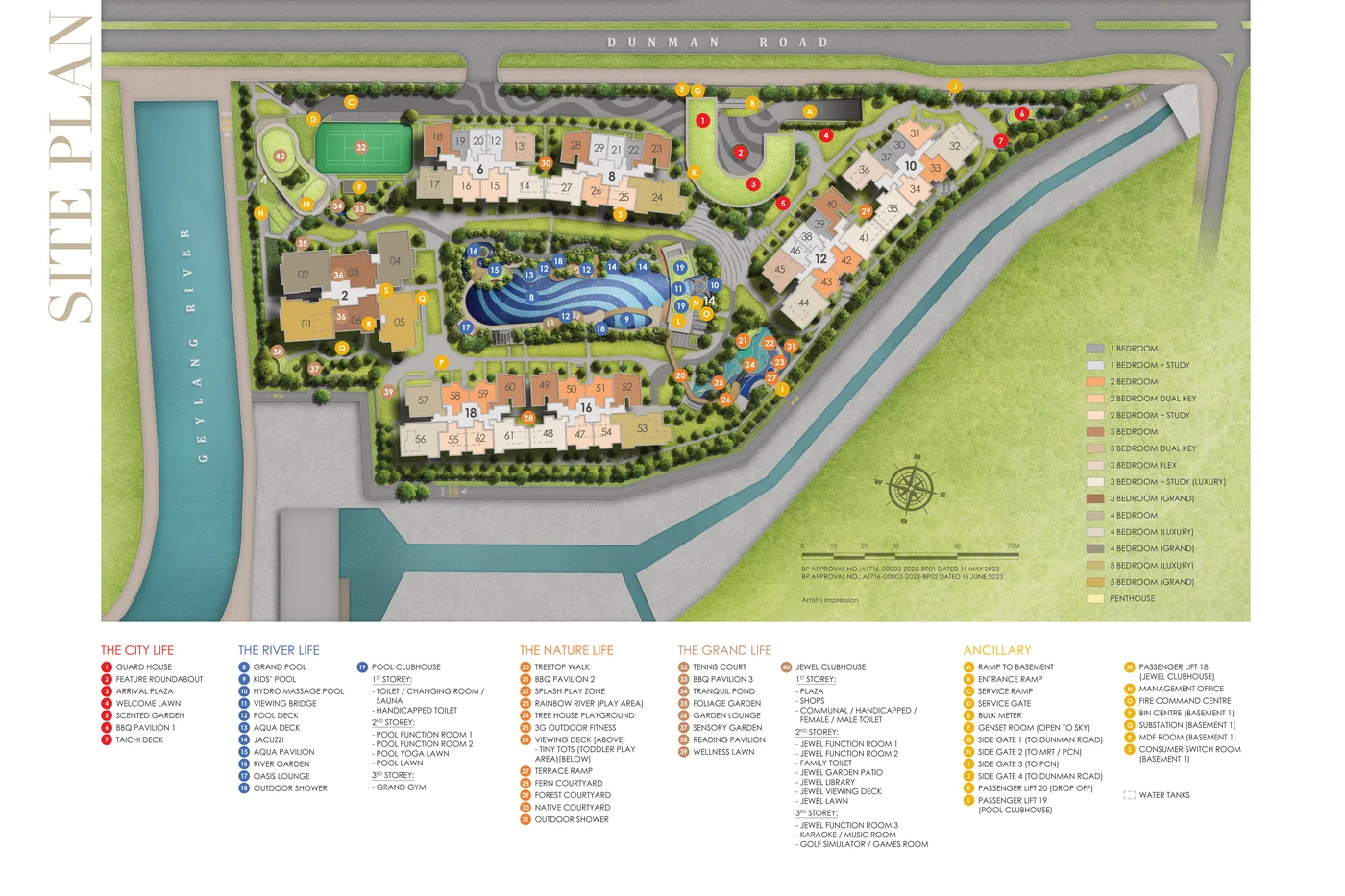 Grand Dunman official master site plan showing 7 blocks, 40 facilities, 2 clubhouses and Geylang River frontage