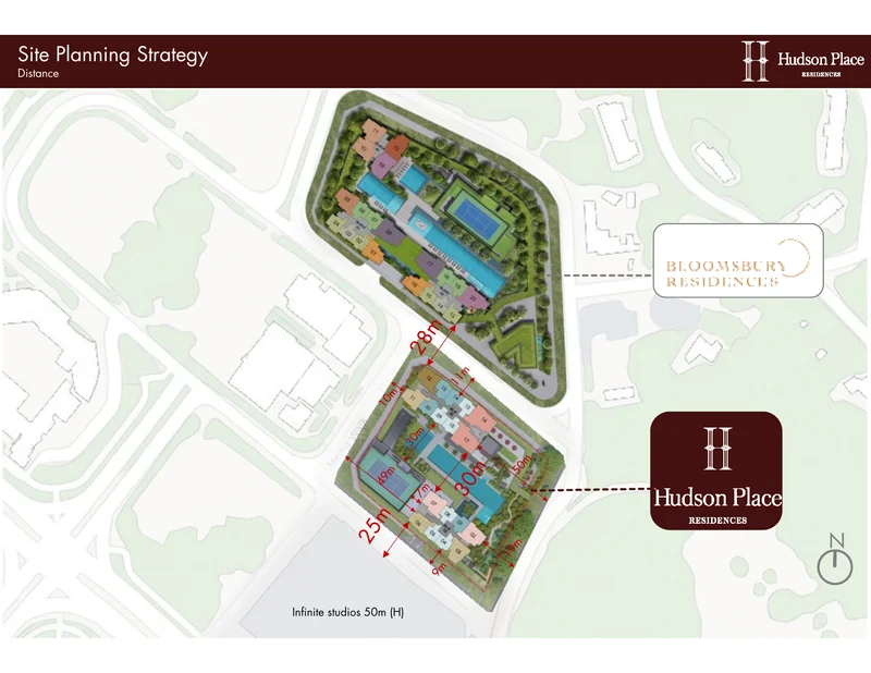 Site Planning Strategy slide showing 28m distance between Bloomsbury Residences and Hudson Place Residences