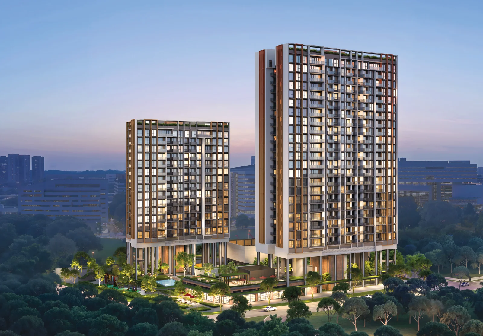 Architectural rendering of Hudson Place Residences twin towers at Media Circle