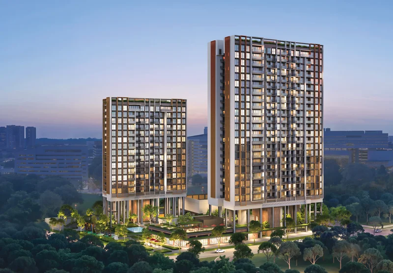 Hudson Place Residences architectural rendering showing twin towers on pilotis and central 50m lap pool