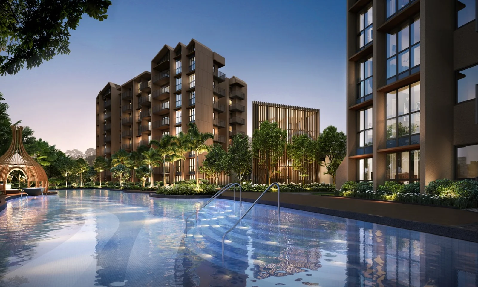 Kassia freehold condominium architectural perspective featuring 50m lap pool and modern 8-storey residential towers at twilight