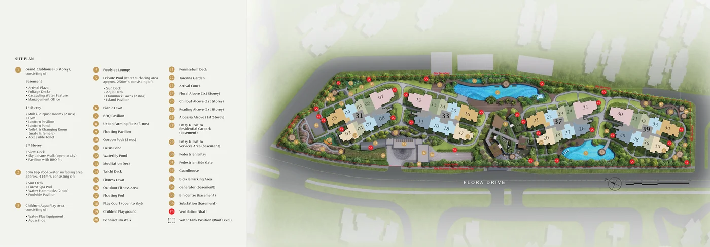 Kassia official master site plan showing 4 residential blocks, 50m lap pool, leisure pool and 36 facilities