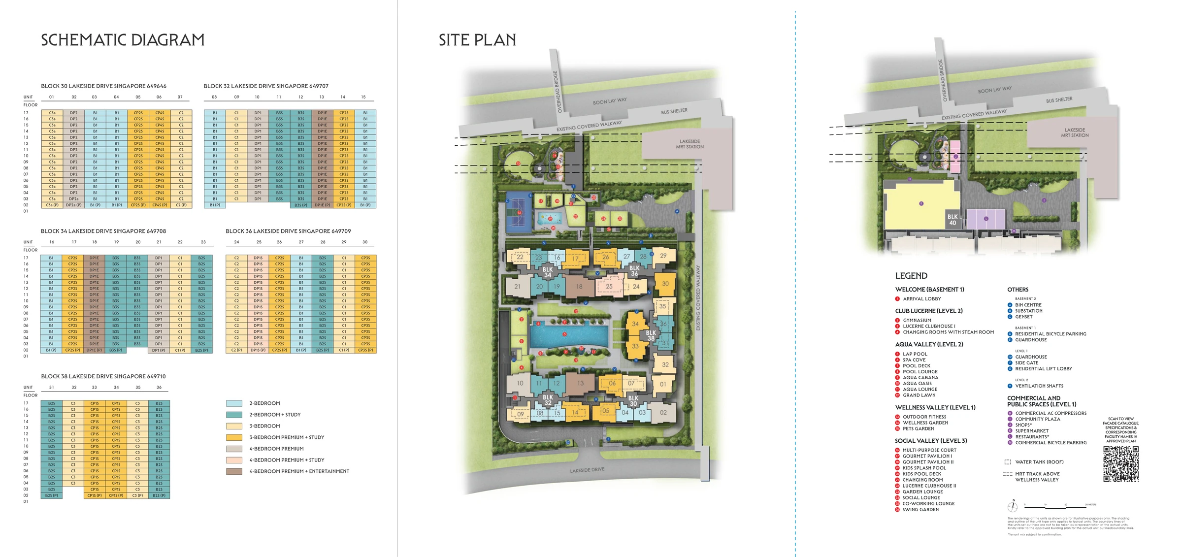 Lucerne Grand full site plan and schematic unit chart showing the five blocks and facility legend