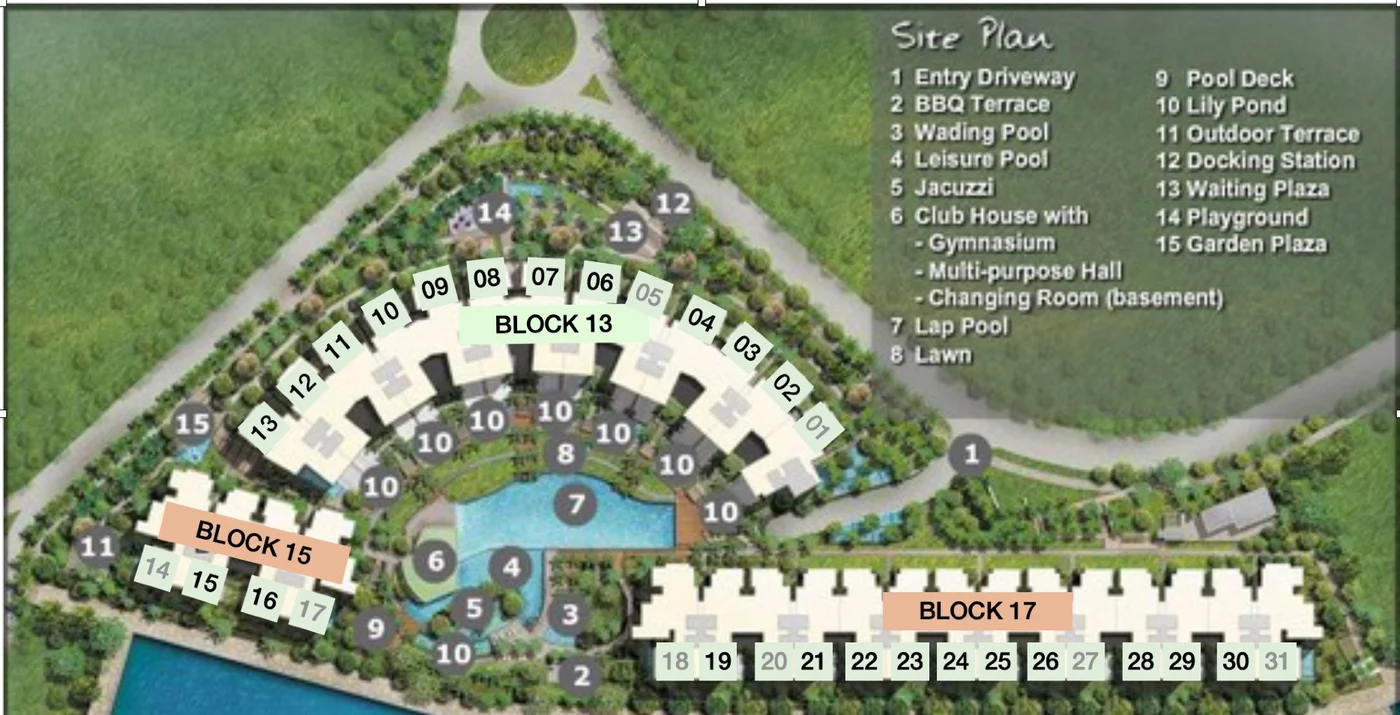 The Marina Collection master site plan showing Blocks 13, 15, and 17 Cove Drive and marina basin