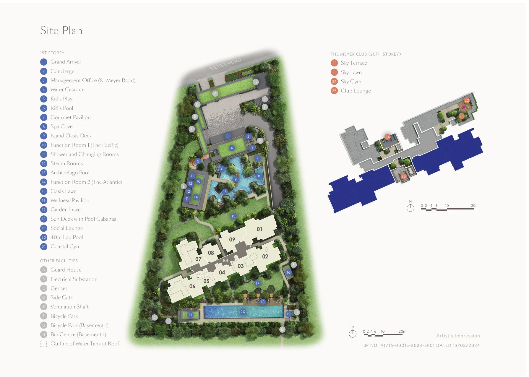 Meyer Blue site plan detailing swimming pools, facilities deck and arrival court