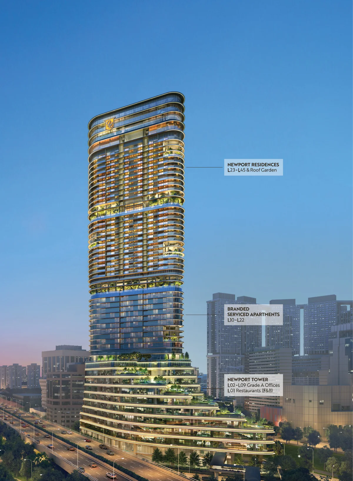 Newport Plaza 45-storey vertical stack diagram showing Newport Residences L23-L45, serviced apartments L10-L22, and Newport Tower Grade A offices