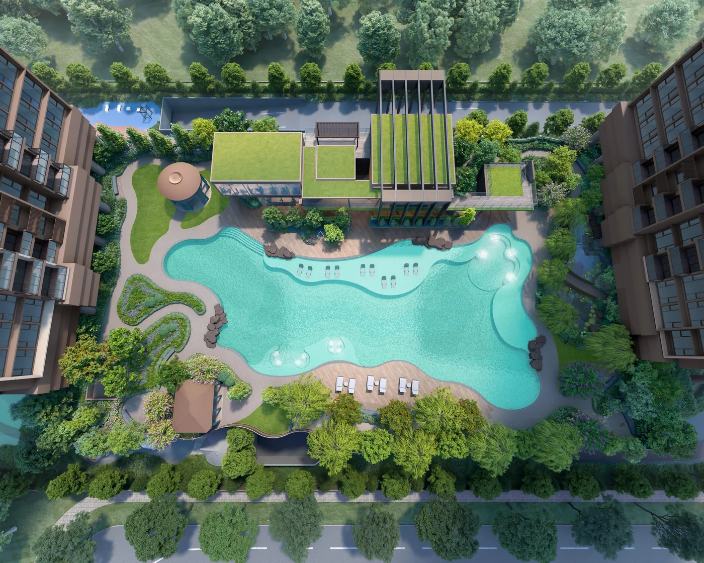 Penrith aerial view showing two 40-storey residential towers and lush Margaret Drive landscape