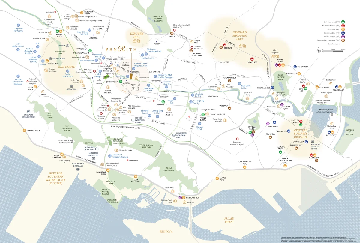 Penrith official location map showing proximity to Queenstown MRT, Margaret Market, and surrounding amenities
