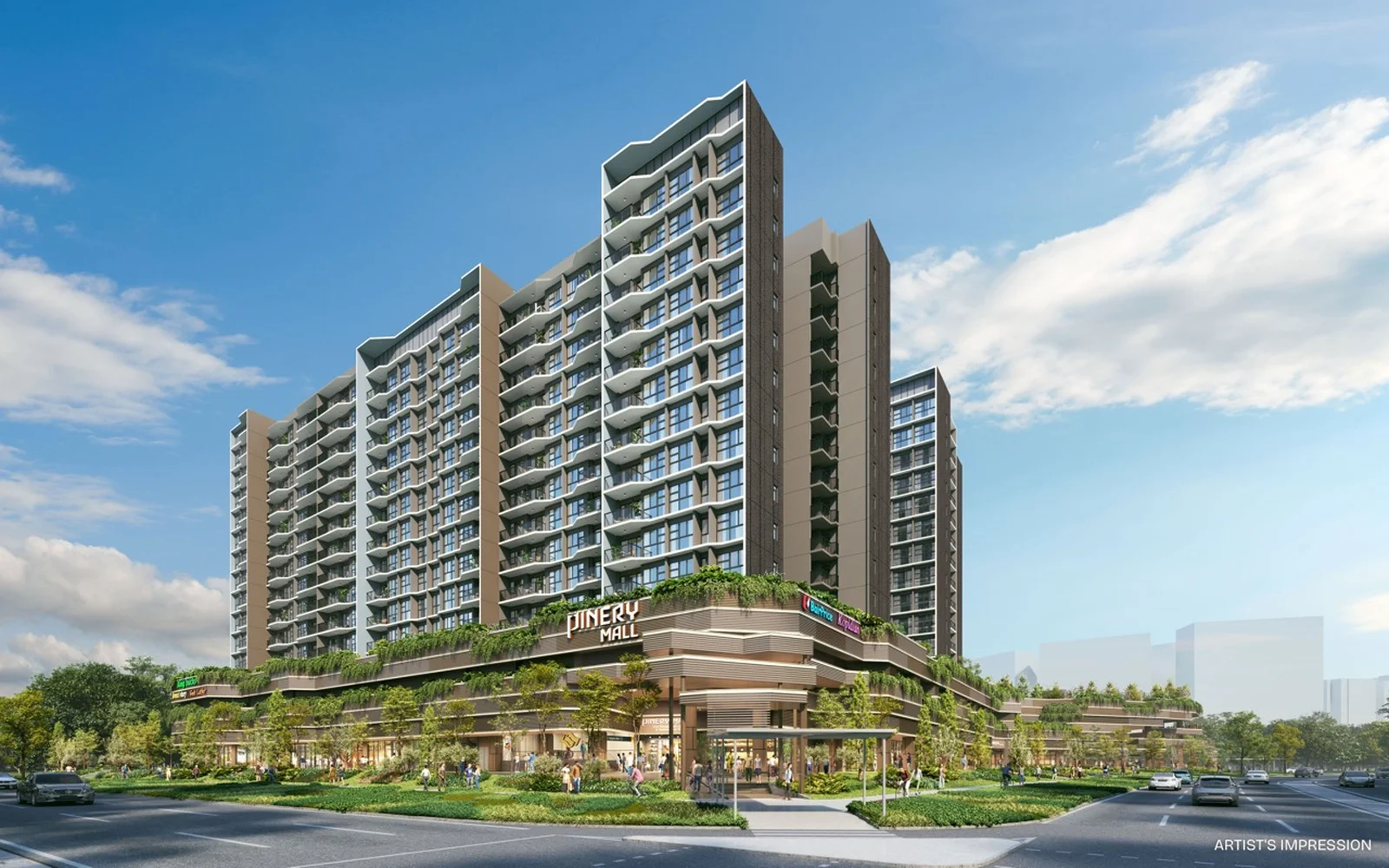 Architectural rendering of Pinery Residences and Pinery Mall in Tampines West