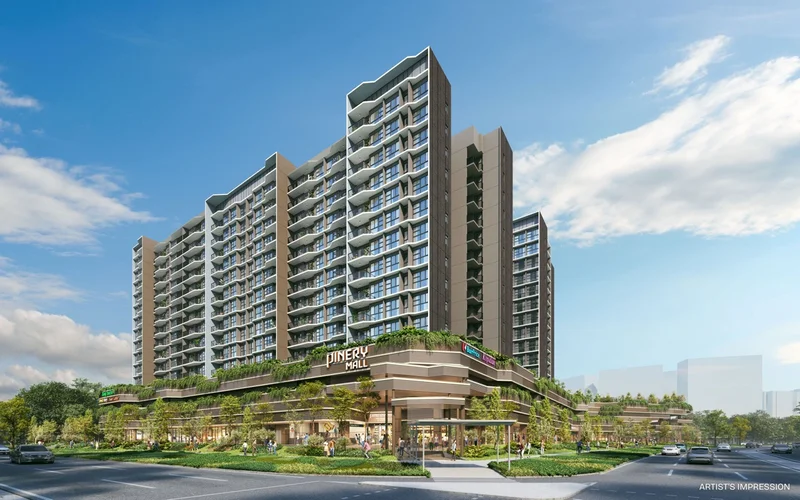 Pinery Residences architectural rendering showing mixed-use residential towers and commercial podium along Tampines Street 94