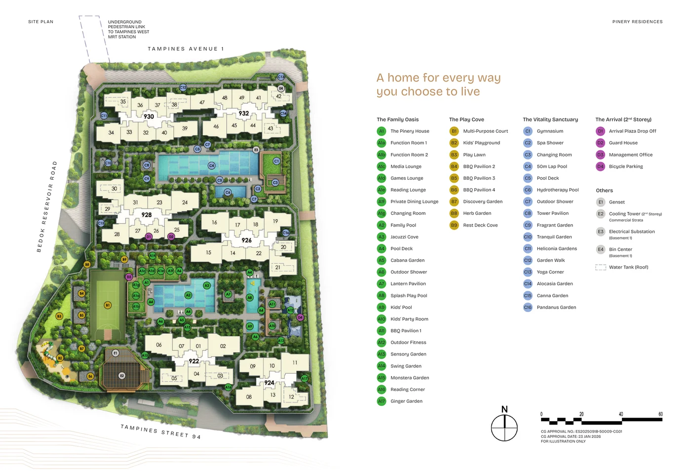 Pinery Residences master facilities site plan with 6 blocks and 4 lifestyle coves