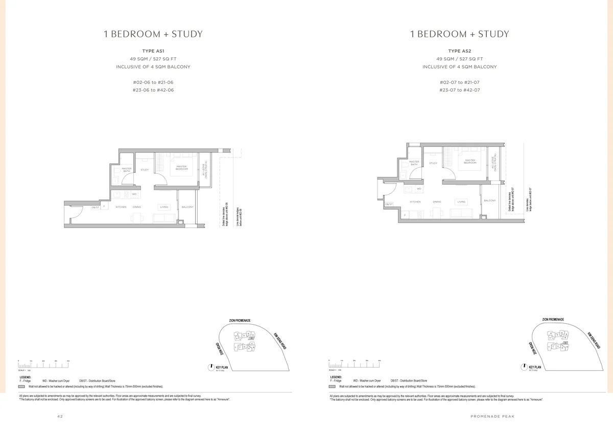 Promenade Peak 1-Bedroom plus Study Type AS1 and AS2 floor plans 527 sqft
