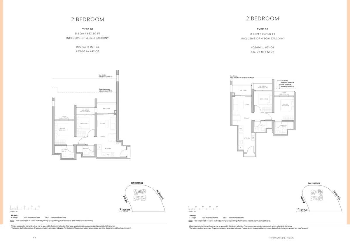 Promenade Peak 2-Bedroom Type B1 and B2 floor plans 657 sqft
